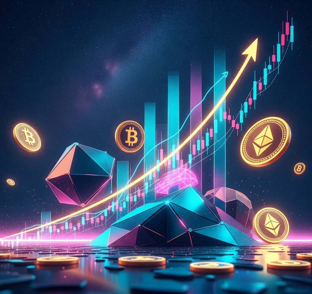 Imagen futurista y dinámica de inversión en criptomonedas, mostrando monedas digitales, gráficos en ascenso y elementos tecnológicos